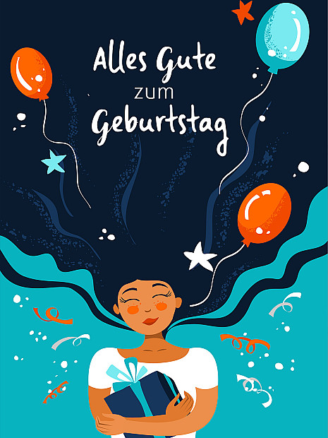 Das Bild zeigt die Illustration einer Person, die ein Geschenk mit Schleife in den Händen hält. Um die Figur herum befinden sich Elemente wie Luftballons und Sterne. Darüber steht der Schriftzug: Alles Gute zum Geburtstag